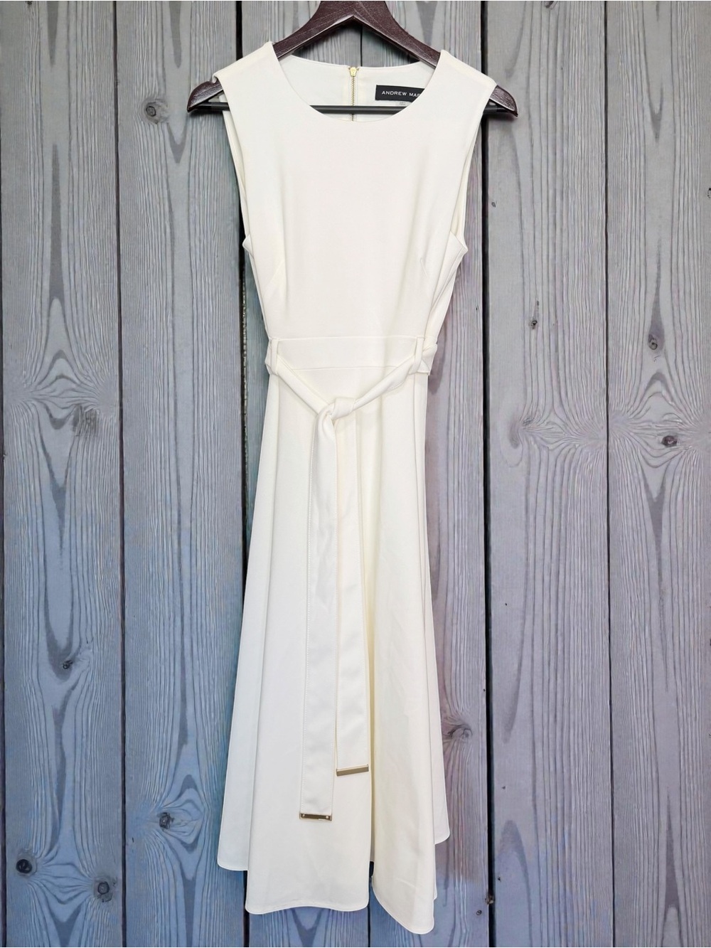 Andrew Marc Cream Sleeveless Belted Midi Dress